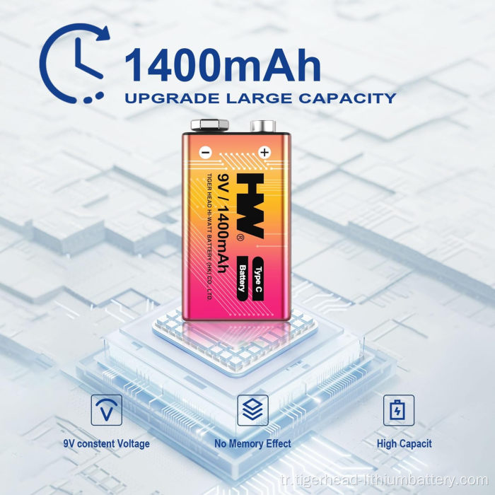 8PCS 9V 5180mWh USB-C Şarj Edilebilir Lityum Pil